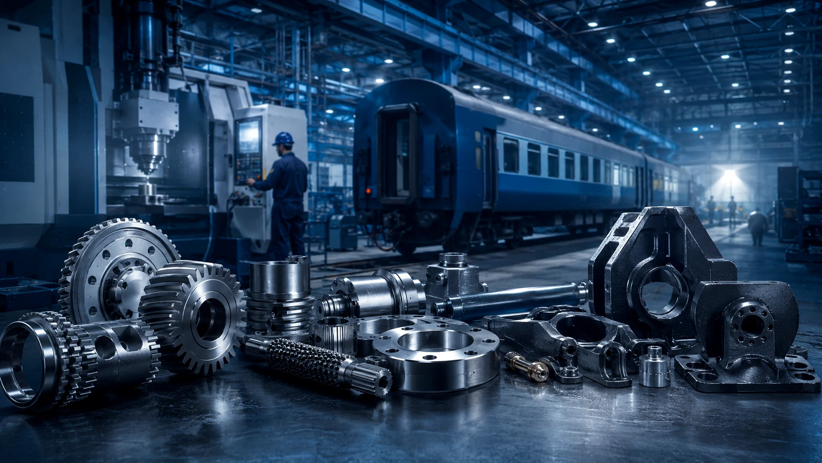 Illustrative railway and precision engineering scene